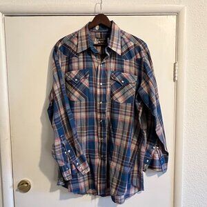 Panhandle Slim vintage mens button down - plaid, shades of red / white / blue
